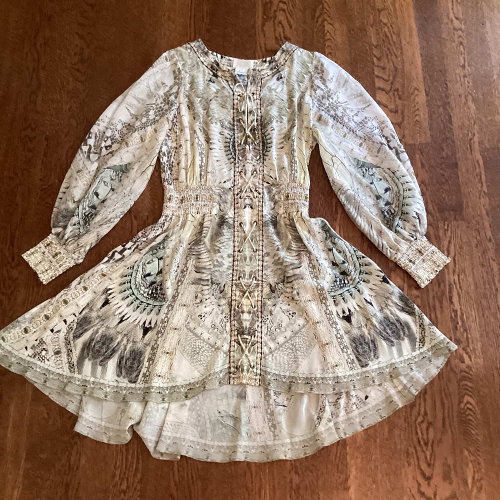 Camilla 100% Silk Daintree Dreaming Lace Up Shirred Waist Dress Blouson Sleeves - Picture 15 of 16